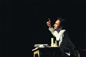 Actor Rana Ranbir enacts a scene of solo play “Khetan Da Putt” in Ludhiana on Saturday