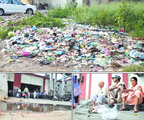 (Clockwise from top) Heaps of garbage near the guard room; passengers sit near garbage; and water accumulated near the ticket window at the railway station in Ludhiana.