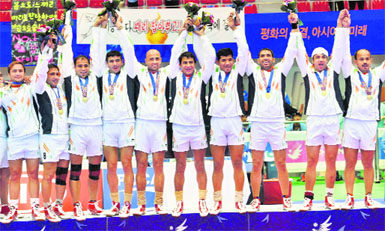 An elated men's kabaddi team at the award ceremony in Incheon on Friday. India beat Iran 27-25 in a thrilling final