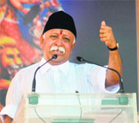 RSS chief Mohan Bhagwat speaks during the Vijay Dashmi function at RSS headquarters in Nagpur on Friday
