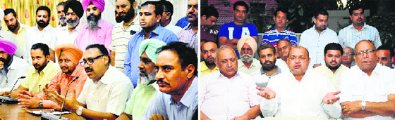 Former chief of the District Congress Committee (Urban) Pawan Dewan addresses a press conference in Ludhiana on Wednesday (left) and The new DCC Chief, Gurpreet Bassi Gogi, held a meeting with Congress councillors on Wednesday. Gogi, refusing to be drawn into any controversy over the DCC leadership, said the objective of the meeting was to thank the councillors for their support. Photos: Inderjeet Verma