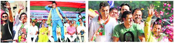 Suniel Shetty, Mithun Chakraborty and Salman Khan address the public at various political rallies.