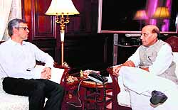 Union Home Minister Rajnath Singh with J-K CM Omar Abdullah in New Delhi on Tuesday
