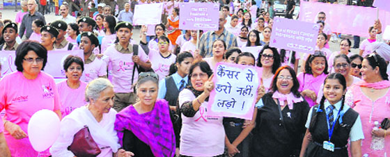 City women and NCC cadets take part in a walk for breast cancer awareness in Sector 17, Chandigarh, on Saturday. Tribune photo: Pradeep Tewari