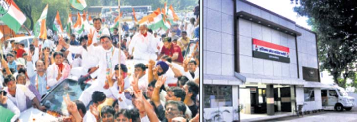 Sweet and sour: Congress candidate Randeep Singh Surjewala and his supporters celebrate his victory from Kaithal even as the Haryana Congress Bhavan (right) wears a deserted look
