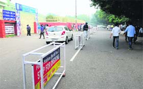Barricades were put up to manage traffic outside DAV College on Tuesday