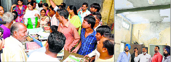Protesters object to the shifting of stationery at Government Primary School, Kundanpuri; and (right) the BJP district president, Parveen Bansal, inspects the ceiling of the building in Ludhiana.