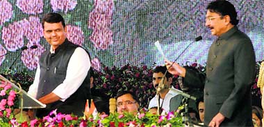 Devendra Fadnavis being sworn in as the Maharashtra Chief Minister by Governor Vidyasagar Rao in Mumbai on Friday.