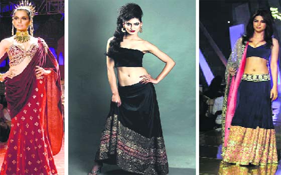 (L-R) Kangana Ranaut in a Suneet Verma creation, a model wears a velvet skirt, Priyanka Chopra in a Manish Malhotra lehenga