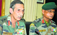 Lt Gen D S Hooda (L), Chief of Northern Command, along with Lt Gen Subrata Saha, GoC, 15 Corps, in Srinagar on Friday. Photo: Amin War