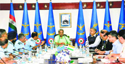 Defence Minister Manohar Parrikar (C) and his deputy Rao Inderjit Singh being briefed by Chief of Air Staff Air Chief Marshal Arup Raha and principal staff officers in New Delhi on Tuesday. PTI 