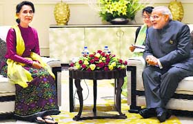 Prime Minister Narendra Modi with Aung San Suu Kyi, Chairperson and General Secretary of the National League for Democracy, at Naypyitaw in Myanmar on Wednesday