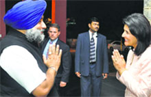 Punjab Deputy CM Sukhbir Badal greets Nikki Haley, Governer, South Carolina, in Chandigarh on Thursday. A Tribune photograph