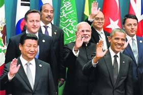Prime Minister Narendra Modi with Chinese President Xi Jinping, US President Barack Obama and other leaders during the G20 Summit in Brisbane, Australia, on Saturday