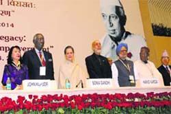 From left: Queen Mother of Bhutan Gyalyum Sangay Choden Wangchuck, Ghana ex-Prez John Kufuor, Congress chief Sonia Gandhi, Afghan ex-Prez Hamid Karzai, former PM Manmohan Singh and Nigeria ex-Prez Olusegun Obasanjo in New Delhi on Monday