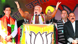 Prime Minister Narendra Modi addresses an election rally in Kishtwar district, 240 km from Jammu, on Saturday.