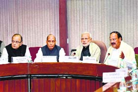 PM Narendra Modi with Cabinet ministers M Venkaiah Naidu (R), Rajnath Singh, Arun Jaitley (L) during an all-party meeting