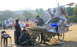 Students of the College of Art prepare a float for the coming carnival on the college campus in Sector 10, Chandigarh, on Wednesday