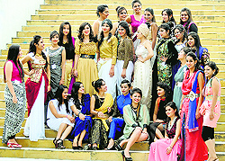 Students wear dresses inspired by the Mauryan and Sunga period before a fashion presentation at the INIFD in Ludhiana on Thursday. The dresses were designed by the students with the aim of reviving old fashion cultures with a modern touch. All arrangements, including decor, choreography and sound, were also made by the students
