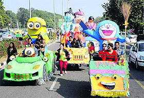 Students take part in the Chandigarh Carnival parade, which was flagged off by UT Adviser KK Sharma from the Leisure Valley, Sector 10, Chandigarh, on Friday.