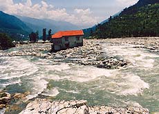 The Apna Ghar tourist resort in Manali, which was built 50 metres from the edge of the Beas.