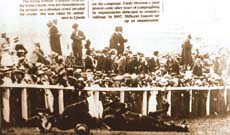 The first woman activist ‘Emily Davison’ being trampled by a horse owned by the King of England in 1913.