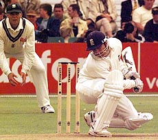 England's Mark Butcher ducks a bouncer on way to his century, on the first day of the fifth and final Test match between England and South Africa at Headingley, Leeds, on Thursday.— AP/PT