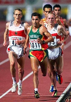 Gold medal winner Antonio Pinto of Portugal (centre) is followed by Germany's silver medalist Diether Baumann (left) and bronze medalist Stephane Franke also of Germany (right) in the Men's 10,000 meters final at the European Track and Field Championships at the Nep Stadium in Budapest on Tuesday. AP/PTI