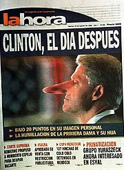 This is the frontpage  of the Santiago afternoon daily La Hora, featuring a manipulated photograph of President Bill Clinton with a long nose, a reference to the character Pinocchio whose nose grew as he told lies. The headline reads "Clinton, the day after." The U.S. president addressed the nation Monday evening after a Grand Jury hearing investigating the Monica Lewinsky case. AP/PTI