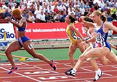 France's Christine Aaron crosses the line to win the final of the Women's 100-meters at the European Track and Field Championships in Budapest on Wednesday. Irina Privalova of Russia (right) finished second, with Greece's Ektarini Thanou (second from right) in third place. Zhanna Pintusevich of the Ukraine (No.6) is at centre. AP/PTI