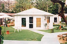One of the prefabricated huts in the shopping complex