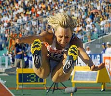 Germany Heike Drechsler competes in the final of the women's long jump at the European Athletics Championships at the People's Stadium in Budapest on Saturday. Drechsler took the gold medal. — AP/PTI