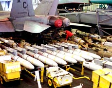 Ordnance crowding the hanger bay of USS Enterprise.