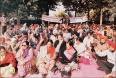 Members of the Punjab and Chandigarh College Teachers Union hold a rally in Sector 17 on Tuesday