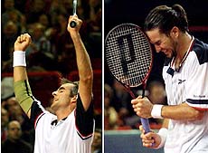 (Left) American tennis player Todd Martin, jubilates after winning 5-7, 7-6, 7-6 against Australian tennis player Patric Rafter, during the Paris Open on Thursday. (Right) Rafter reacts after loosing a point against Todd Martin — PTI/AP