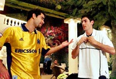 PARIS : American tennis player Pete Sampras (left) sports the Olympique Marseille soccer club jersey of French World Cup star Robert Pires after they exchanged shirts at Bercy stadium on Saturday, shortly after Sampras's qualification for the final of the Paris Open tournament. AP/PTI