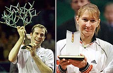 (Left) Greg Rusedski of England holds the winner trophy of the Paris Open after he defeated Pete Sampras in 6-4, 7-6, 6-3 in Paris on Sunday. (Right) Steffi Graf of Germany shows the cup after winning the tennis Grand Prix in Leipzig on Sunday. Graf defeated Nathalie Tauziat of France 6-4, 6-3. — AP/PTI