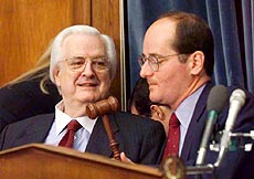 WASHINGTON : House Constitution subcommittee Chairman Rep. Charles Canady, R-Fla. (right) talks to Rep. Henry Hyde, R-Ill. on Capitol Hill on Monday, prior to the committee's hearing on impeachment proceedings — AP/PTI