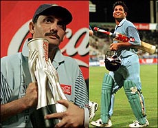 Indian captain Mohammed Azharuddin holds the Sharjah Champions Trophy Cup. (Right) Jubilant Sachin Tendulkar leaves the field after India defeated Zimbabwe by 10-wickets in Dubai on Friday