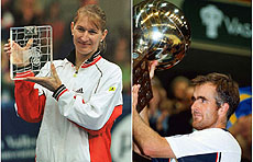(Left) Steffi Graf holds the Advanta Championships trophy. (Right) American Todd Martin raises the Stockholm Open Trophy after his victory against Swedish Thomas Johansson in Stockholm on Sunday — AP/PTI