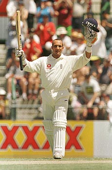 BRISBANE : Mark Butcher of England celebrates his century against Australia during the third day's play of the first Ashes test match at The Gabba in Brisbane, Australia, on Sunday. Butcher managed another 16 runs before being caught and bowled by Mark Waugh — AP/PTI