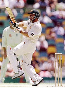 Michael Slater of Australia in action on his way to a century against England during the fourth day's play of the first Ashes test match at The Gabba in Brisbane, Australia, on Monday. Slater made 116 to add to Australia's first innings of 485, while England made 375 in their innings. AP/PTI
