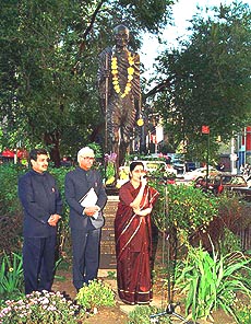 Indian Information and Broadcasting Minister Sushma Swaraj speaking at a gathering in connection with Mahatma Gandhi's birth anniversary 