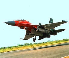 A recently acquired SU-30 fighter plane takes off from the Chandigarh Air Force station . The plane is going to a major attraction at the IAF flypast — A Tribune photograph