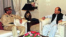 Newly appointed Pakistan Army Chief, Gen Pervaiz Musharf, calls on Prime Minister Nawaz Sharif
