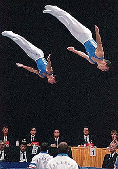 France's team of David Martin (left) and Emmanuel Durand giving their gold medal performance in the men's synchronised event at the World Trampoline Championships 