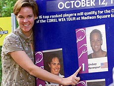KLOTEN : US tennis player Lindsay Davenport presents her picture on the world ranking table at the European Championships in Kloten, Switzerland, on Monday. Davenport is the new number one in women's tennis. AP/PTI