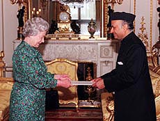 Queen Elizabeth II receives the High Commissioner for India, Mr Lalit Mansingh, at Buckingham Palace