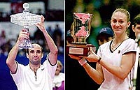 Andre Agassi holds the crystal cup after his victory at the Czech Indoor Tennis Tournament. (Right) Mary Pierce smiles as she holds Kremlin Cup trophy — AP/PTI