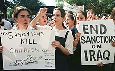  Iraqi schoolgirls demonstrate on Thursday outside the United Nations Development Programme